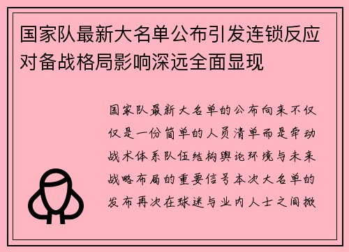 国家队最新大名单公布引发连锁反应对备战格局影响深远全面显现 国家队最新大名单公布引发连锁反应对备战格局影响深远全面显现