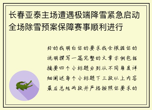 长春亚泰主场遭遇极端降雪紧急启动全场除雪预案保障赛事顺利进行 长春亚泰主场遭遇极端降雪紧急启动全场除雪预案保障赛事顺利进行